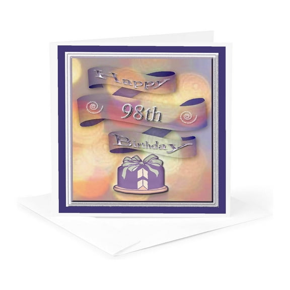 3dRose, Ribbon and Cake Happy 98th Birthday, 1 Greeting Card with envelope