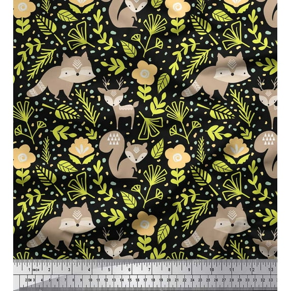 Soimoi Black Rayon Crepe Fabric Reindeer & Squirrel Clip Art Print Fabric by the Yard 46 Inch Wide