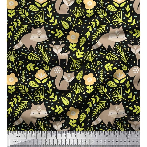 Soimoi Black Georgette Viscose Fabric Reindeer & Squirrel Clip Art Printed Fabric 1 Yard 42 Inch Wide