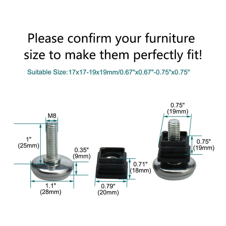 Leveling Feet 20 x 40mm Rectangle Tube Inserts Kit Furniture Glide Adjustable Le