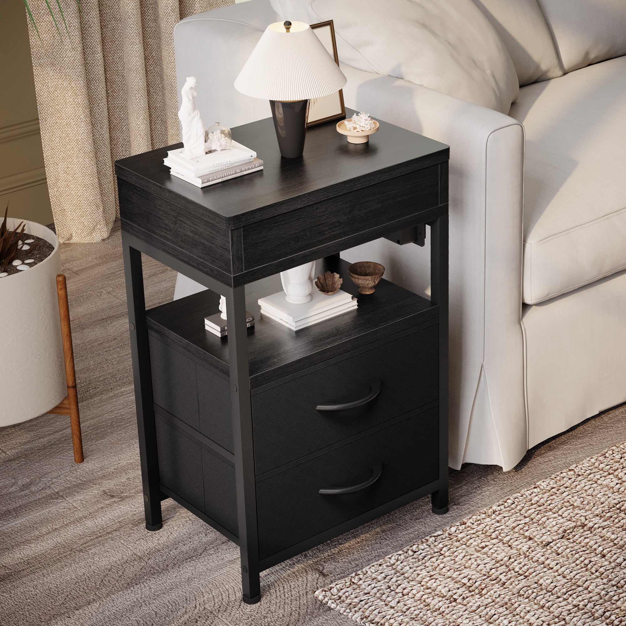 Bestco Nightstand with Sliding Top Modern End Table with Charging Station & 2 Drawers Black