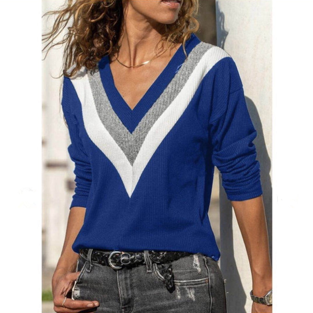Women's V Collar Contrast Color Sweater 