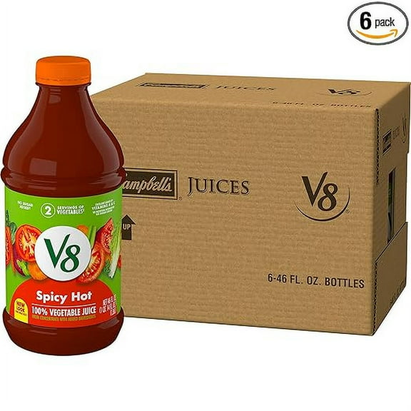 V8 Spicy Hot 100% Vegetable Juice, Vegetable Blend with Tomato Juice, 46 FL OZ Bottle (Pack of 6)