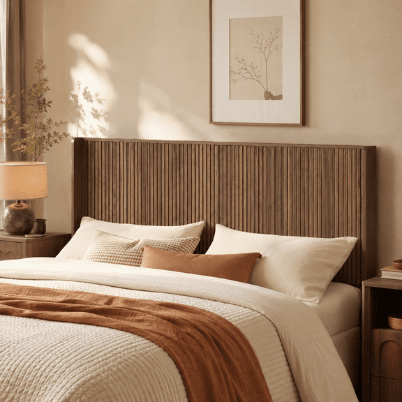 Wetalus King Mid-Century Headboards Wingback, BrownThis fluted walnut headboard brings warmth and structure to the bedroom without trying too hard. The wingback silhouette and vertical paneling give