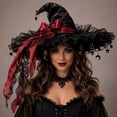 thumbnail image 4 of WCJM Ruffled Lace Pointed Gothic Witch Hat Wide Brim Halloween Cap with Elegant Trim Detail for Masquerade Balls Horror-Themed Events and Costume Galas, 4 of 6
