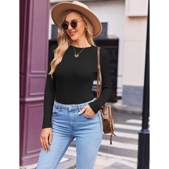 Ekouaer Women's Long Sleeve Shirts 3 Packs Crew Neck Stretchy Fitted Tops Ribbed Base Layer Soft Thermal Undershirts Tee