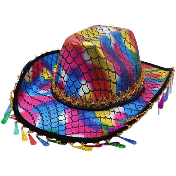 Slccxzc Rainbow Sequined Cowboy Hat, Colorful Wide Brim Party Cap for Festivals
