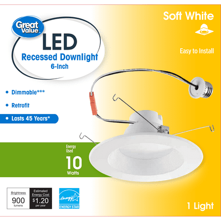 

Great Value 6 Inch LED Recessed Retrofit Downlight White Finished 65W Dimmable 1PK CA