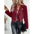 thumbnail image 4 of Women'S Cropped Zipper Long Sleeve Suede Faux Leather Blazer Jacket Autumn Fashion Outerwear Wine Red XXL, 4 of 7