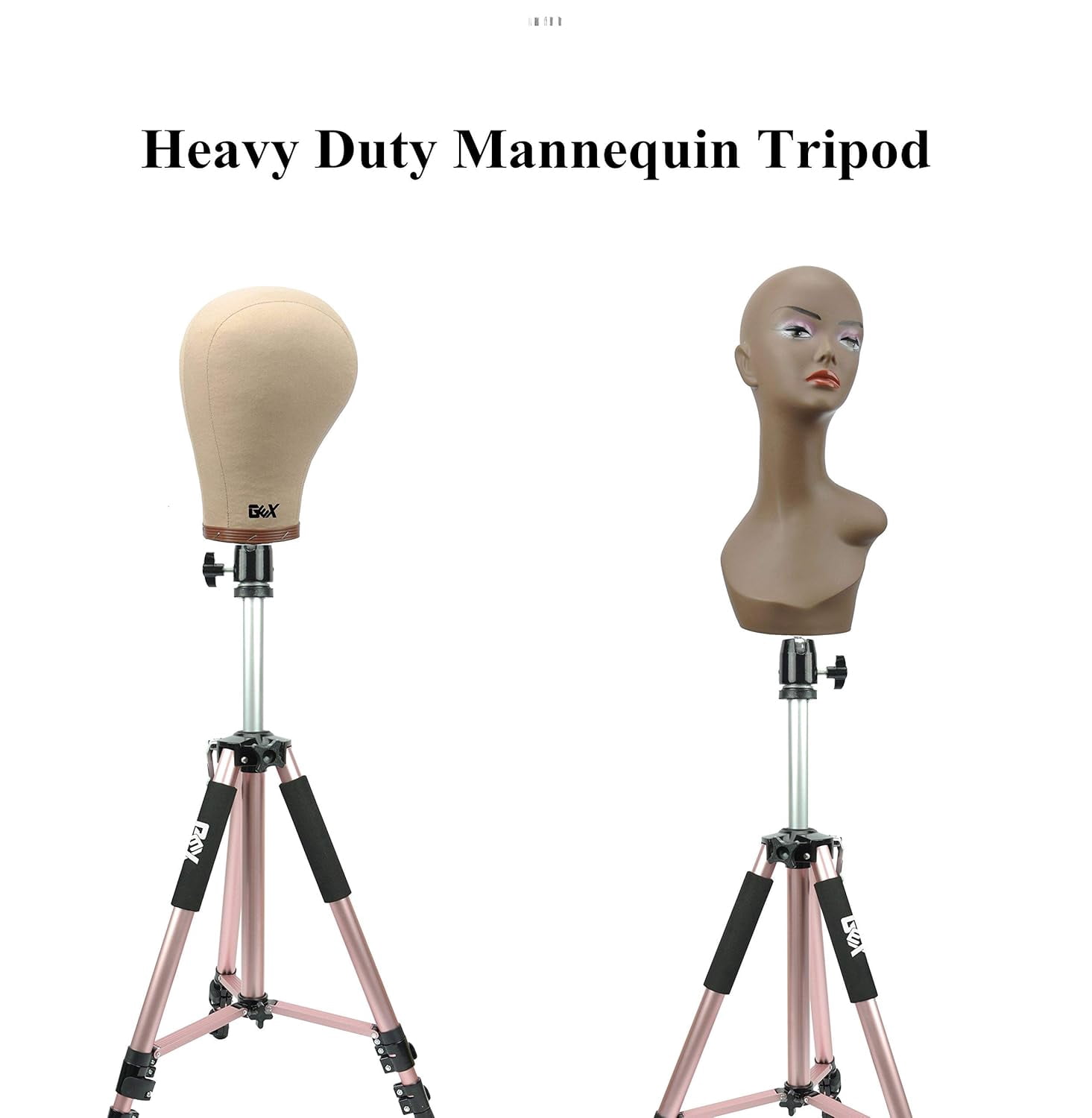 GEX Upgraded Heavy Duty Canvas Block Head Tripod Cosmetology Training Doll Head Stand Mannequin Manikin Head Tripod Wig Stand With Travel Bag (Rose Gold(Version 2.0))