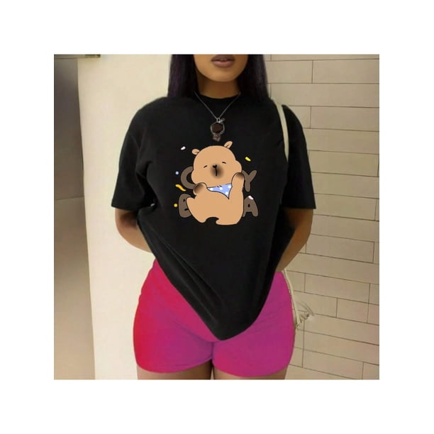 Playera Blusa De Capybara Con Paliacate Diseño Divertido Ropa Para Mujer Capibara Color Negro Talla Grande Marca Emil SaEs