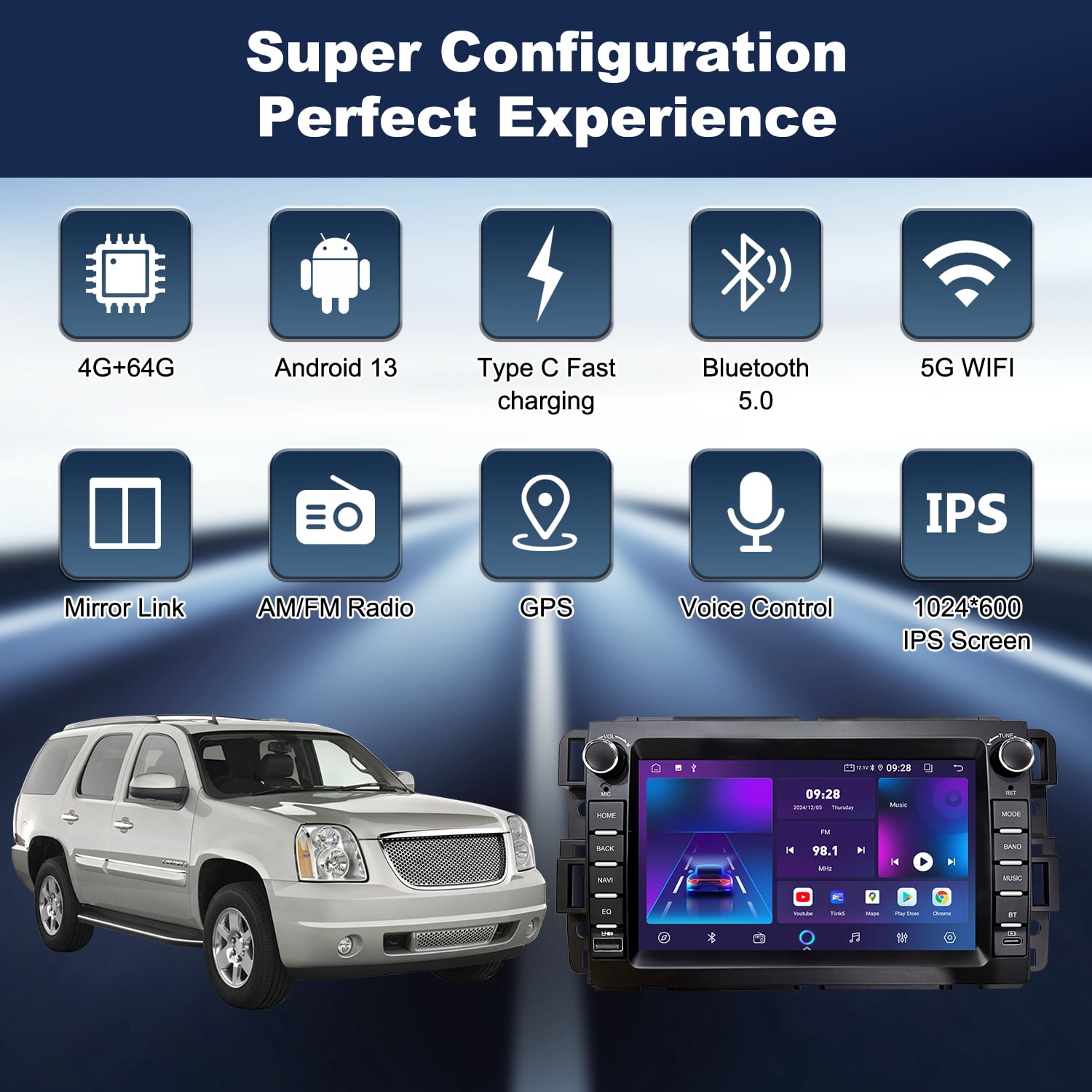 Car Stereo Radio for Chevrolet Silverado Tahoe GMC Sierra Yukon 2007-2013, Android 13 Touchscreen with Wireless Carplay Android Auto GPS Navigation AM FM AHD Backup Camera Type-C PD Charging(4G+64G)