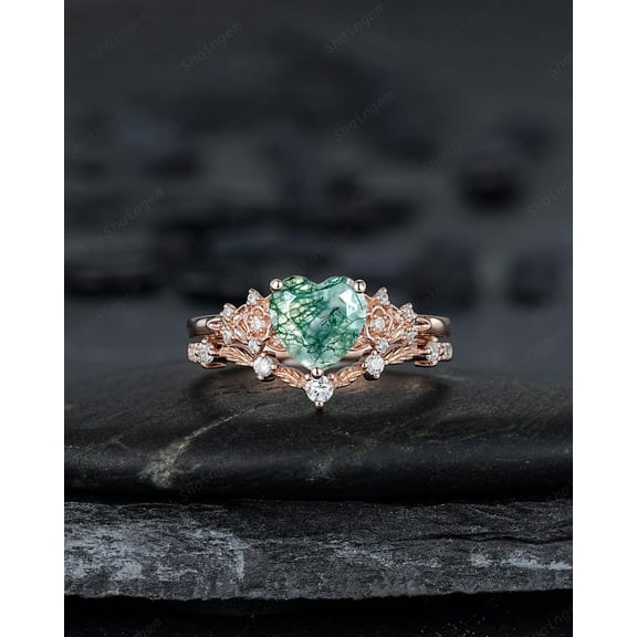 Heart Shape Moss Agate Floral Engagement Ring: Rose Gold Vine Leaf Wedding Set, Nature Inspired Flower Promise Ring, 24K Gold Plated Silver