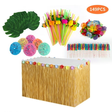 

109/149pcs Table Skirt Raffia Style Fringe Party Decoration Kit for Tiki Tropical Hawaii or Moana Themed Birthday Rice Table Skirt 149pcs