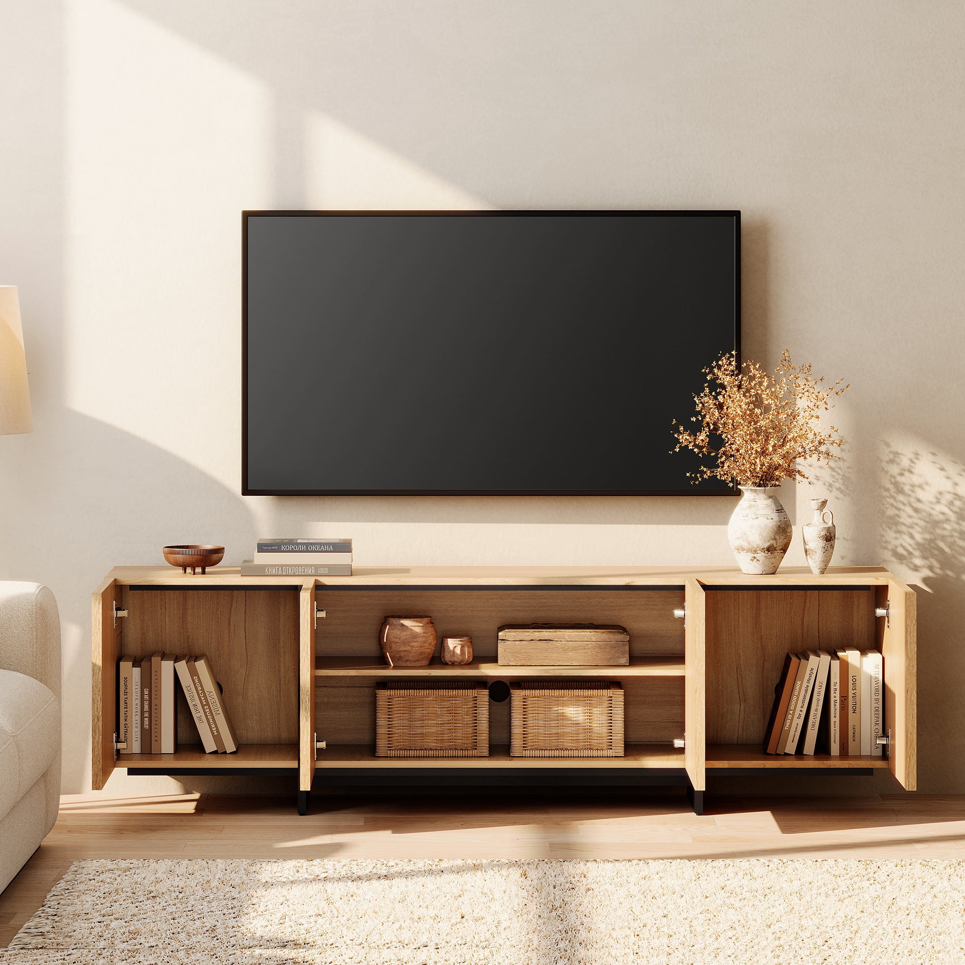 Modern 2-Piece Living Room Set, 70.9" TV Stand Entertainment Center & 57.5" 9-Compartment Storage Cabinet, 4-Door Closed Storage with T-Shaped Legs,Oak