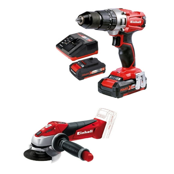 Kit Einhell Taladro Atornillador 18 V con 2 baterías y cargador + Esmeriladora Angular 4 1/2" 18 V