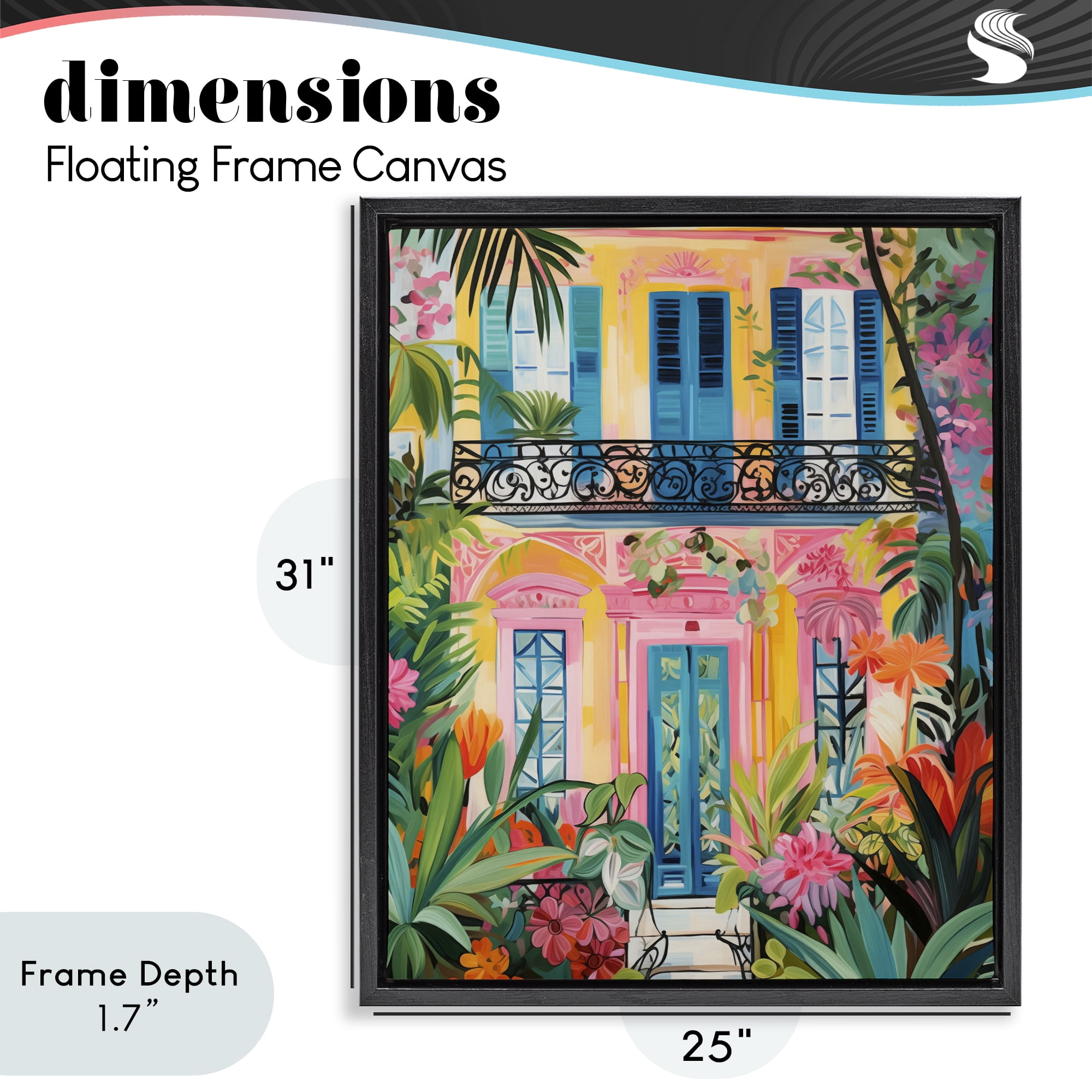 Stupell Industries Colorful Facade with Tropical Garden Black Framed Floater Canvas Wall Art, design by LSR Design Studio