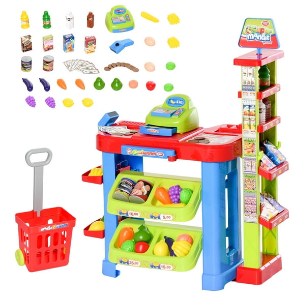 Qaba Ensemble de Jeu Amusant de Supermarché pour Enfants, Épicerie, Jouet de Jeu d'Imitation avec Panier d'Épicerie, Scanners Fonctionnels, Accessoires pour Caisse Enregistreuse, Lumière et Son, Cadeau pour Garçons et Filles de 3 à 6 Ans