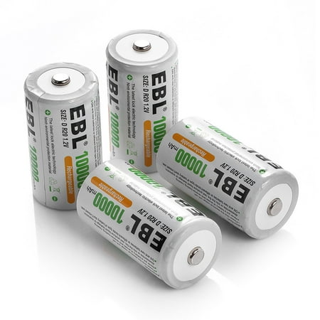 EBL 4-Pack 1.2V 10000mAh R20 Size D Battery Ni-MH Rechargeable Batteries for Flashlights