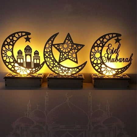 LED Wooden Eid Mubarak Plaque Moon Star Ramadan Ornament Muslim Decor Gift US