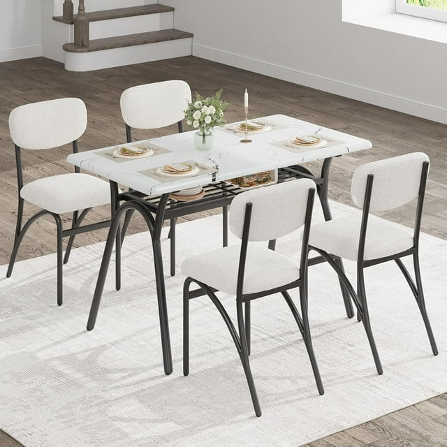 Dining Table Set for 4, Modern Kitchen Table & Chairs Set of 4, Marble-Look Rectangular Table & 4 Upholstered Chairs, Kitchen Table Set for Small Spaces & Apartments