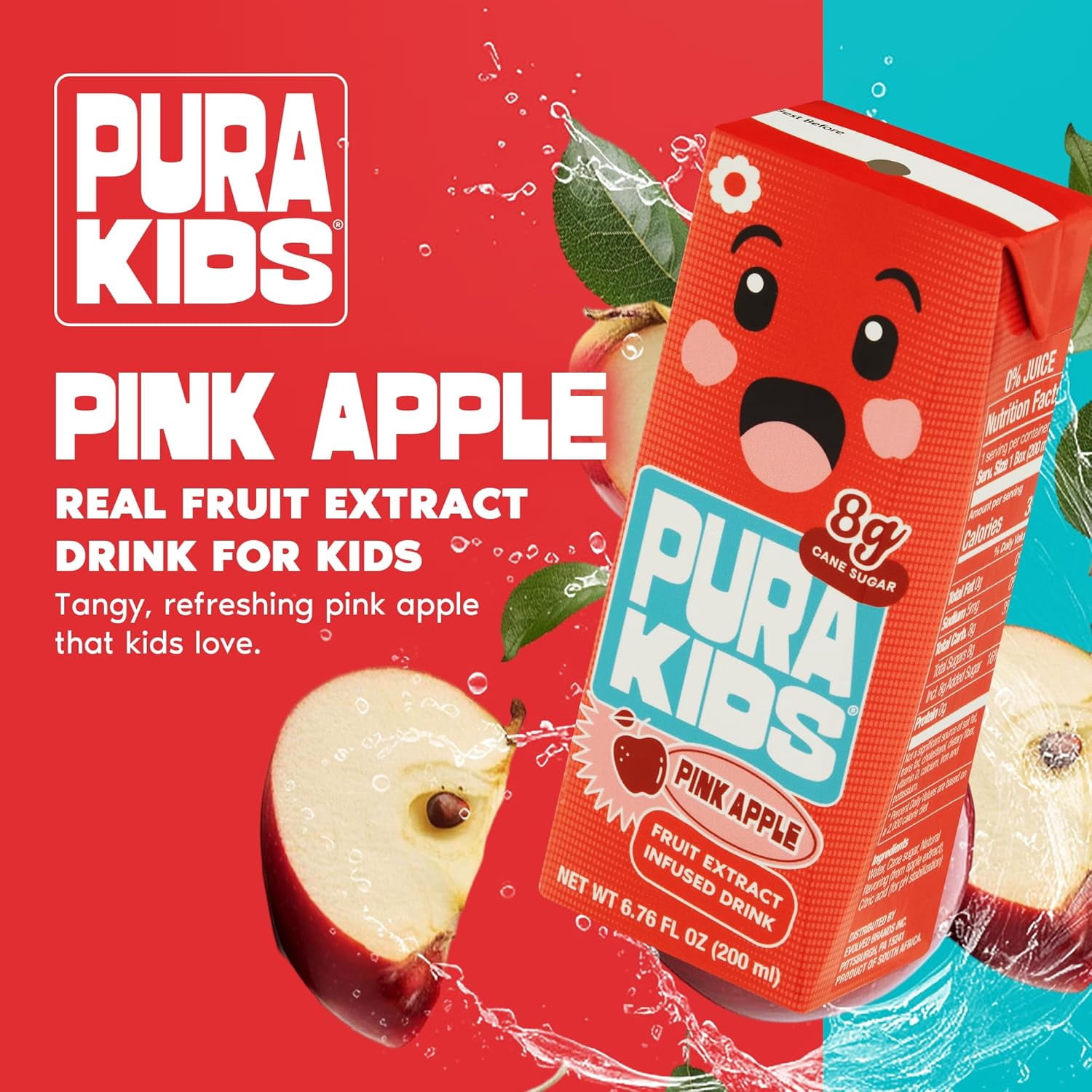 PURA Kids Box | Pink Apple Fruit extract infused Drink for kids | 8g Pure Cane Sugar | Non-GMO | Vegan, No Artificial Sweeteners | Best Lunchbox Beverage with Paper Straw | 6.67 fl oz (200ml) 24-Pack