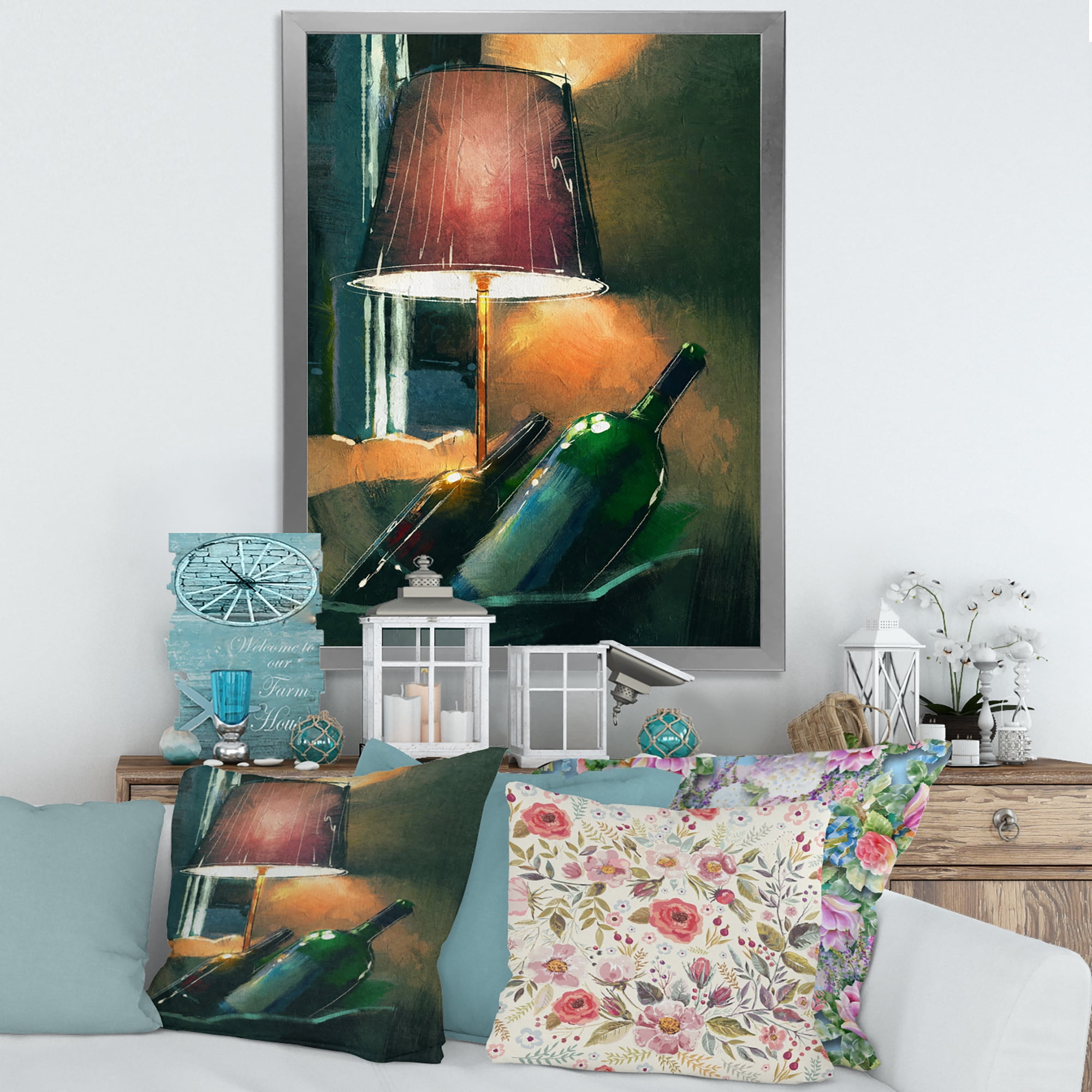 Designart 'Lamp Glowing Orange In The Night and Wine Bottles' Modern Framed Art Print