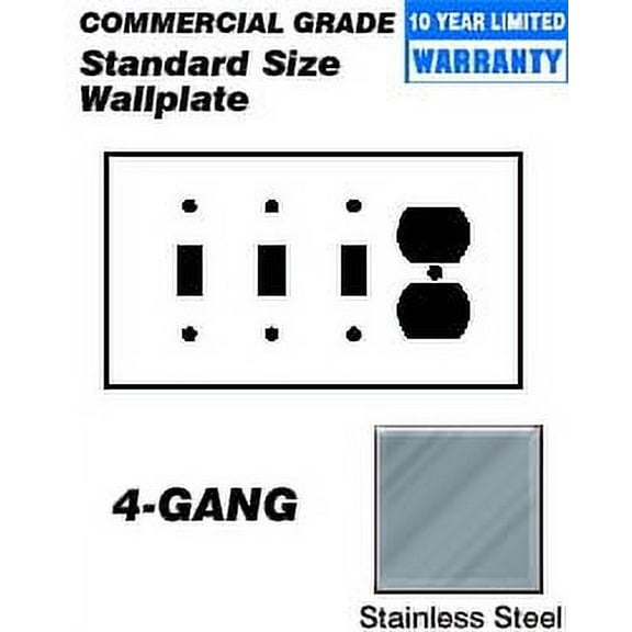 Leviton 84043 Wallplate 4-Gang 3-Toggle 1-Duplex Standard Size 430 Stainless Steel - Stainless Steel