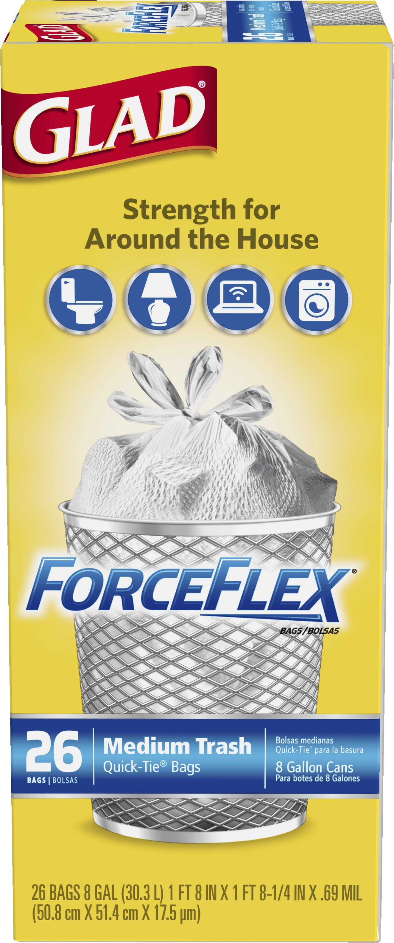 Glad Medium Trash Bags, 8 Gallon, 26 Bags (ForceFlex, Quick Tie