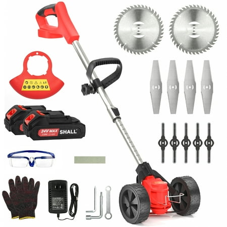 SHALL 24V Grass Trimmer Cordless with Upgraded Wheels  650W Weed Eater Battery Powered-2.0Ah Li-Ion Battery*2  Weed Wacker Cordless with 3 Types Cutting Blades for Lawn and Garden