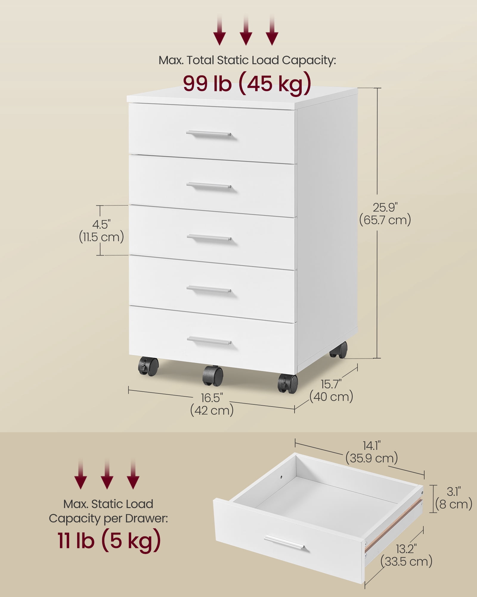 Mobile 5-Drawer File Cabinet - Tool-Free Assembly, Locking Wheels, Printer Stand for Home Office, Cloud White