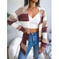 thumbnail image 3 of Women'S Striped Long Sleeve Open Front Knit Cardigan Casual Pullover Sweater Wine Red M, 3 of 8