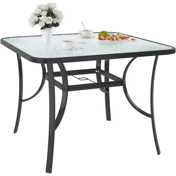 SogesPower Outdoor Square Table Tempered Glass Patio Dining Table with