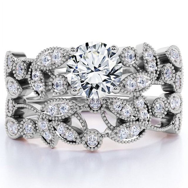 JeenMata Anillo de Bodas con Flor de Moissanita de Corte Redondo Vintage de 1,75 Uds Engastado en Oro Blanco de 18 K sobre Plata