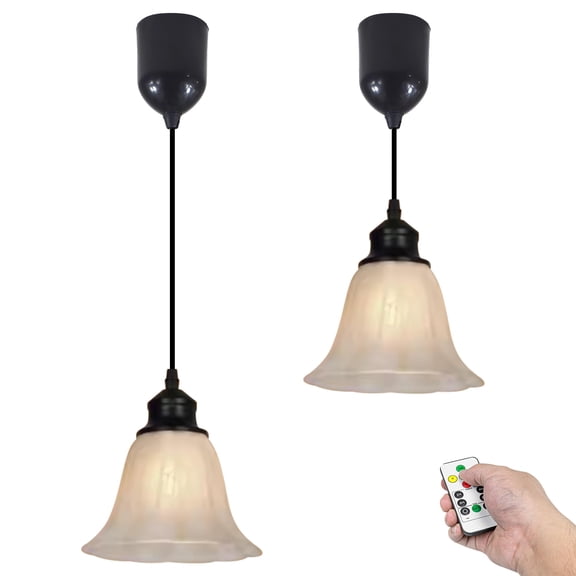 Kiven Battery Operated Pendant Light with Remote Control, Set of 2 Rechargeable Hanging Pendant Light Adjustable Height with Frosted Glass Lampshade for Bedroom Kitchen Home Decor TB3503