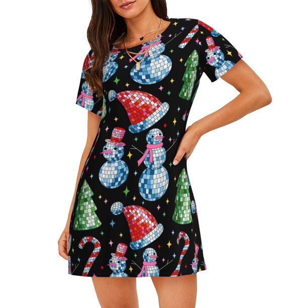 Balery Disco Mirror Ball Snowman Camisón de manga corta con cuello redondo para mujer, cómodo y elegante.