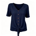 thumbnail image 4 of Lindreshi Cotton Linen Tops for Women Summer V Neck Short Sleeve Button Up Shirt With Front Placket and Lace Up Top, 4 of 8