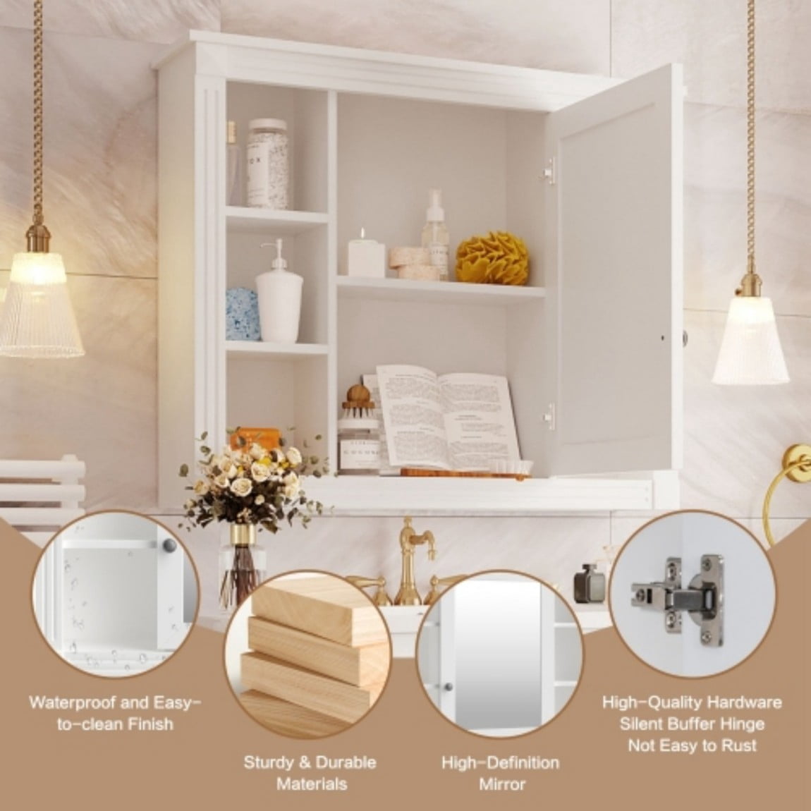 35"x 28" Wall Mounted Bathroom Medicine Cabinet with Mirror, Adjustable Shelves, Open Storage, Towel Bar, MDF Bathroom Storage Cabinet, White