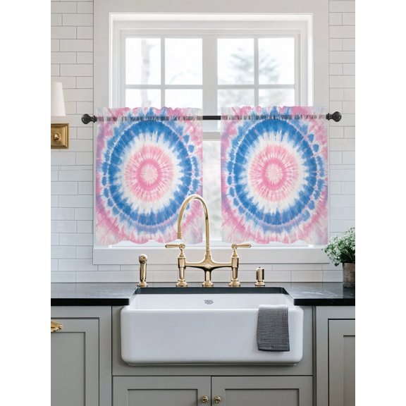 Pink Blue Ombre Sheer Kitchen Tier Curtains 24 Inch length,Rod Pocket Half Curtains Short Drapes,Modern Boho Ethnic Tie Dye Geometric Light Filtering Small Window Treatments 2 Pcs 27.5"W x 24"L