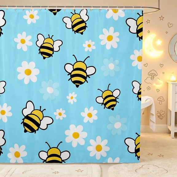 Erosebridal Bohemian Bug Bee Shower Curtain 72Wx72L,Retro Floral Bathroom Curtain,Blue White