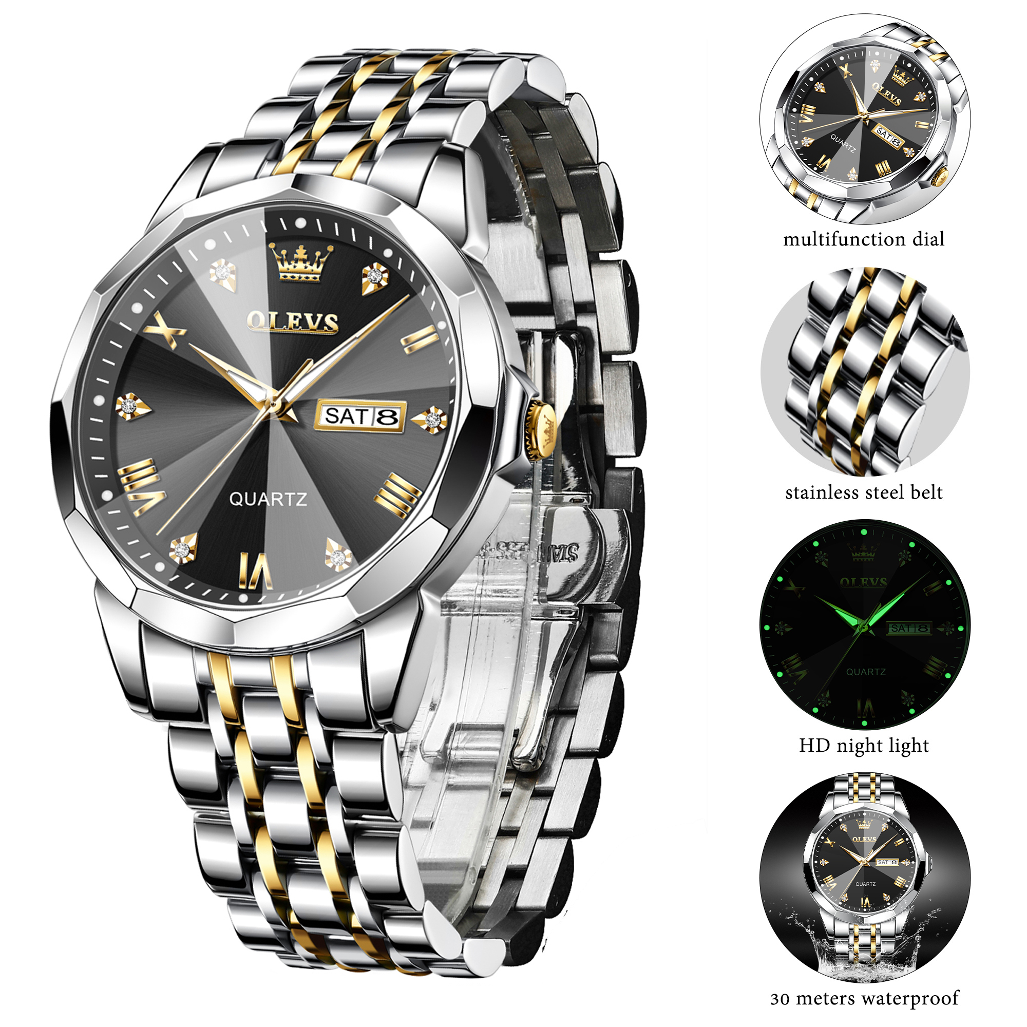 OLEVS Men's Business Dress Watch Two Tone Gold