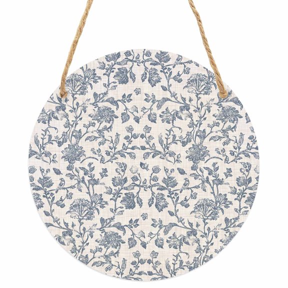 Blue Floral Round Front Door Welcome Sign, 5.9 Inch Wall Hanging Decor for Indoor Outdoor, Farmhouse Vintage Flower Leaf Botanical Home Porch Hanger Decorations for Holiday Gift