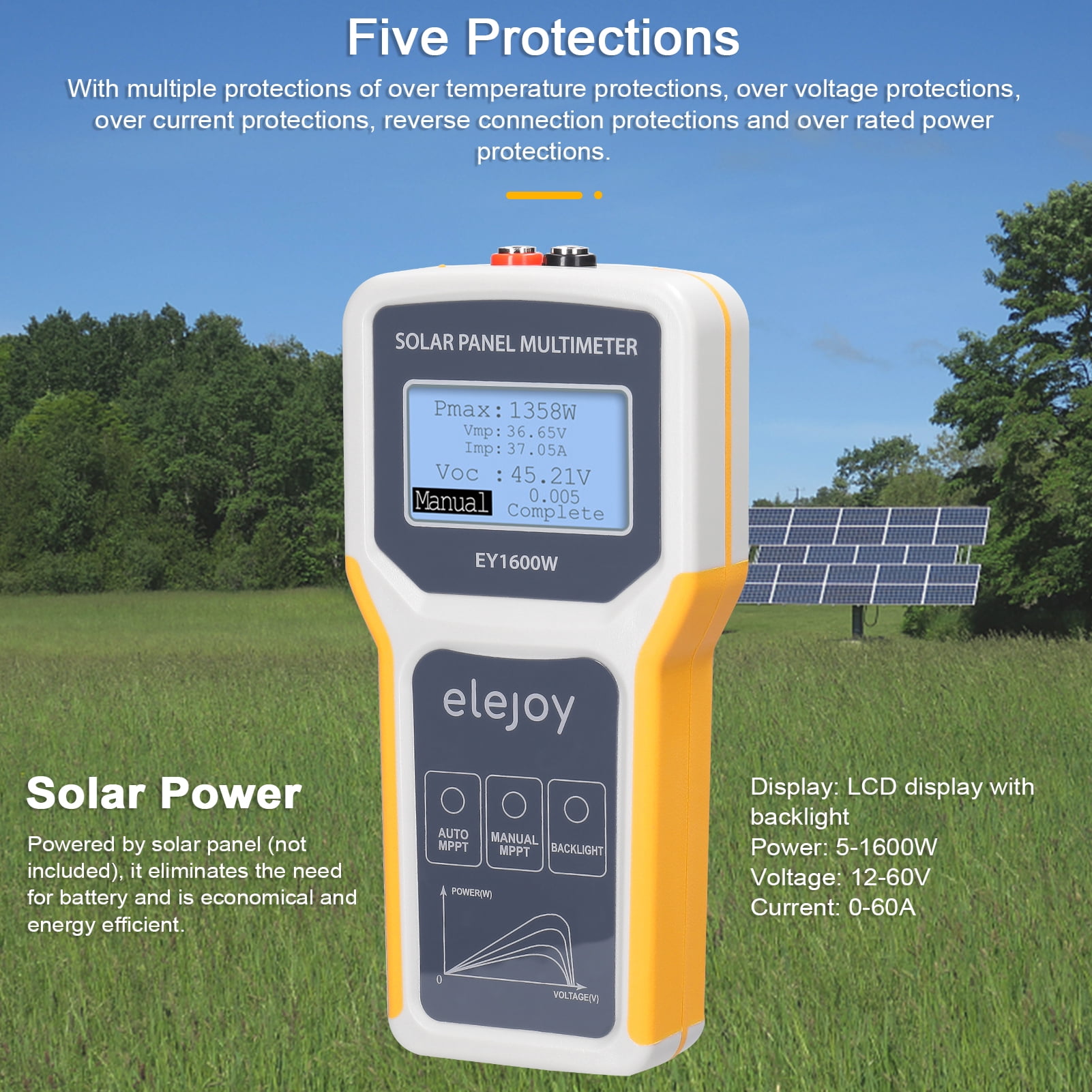 1600W Photovoltaic Panel Multimeter Solar MPPT Tester Open Circuit Voltage Test Device Maximum Power Point Current Meter LCD Display with Backlight