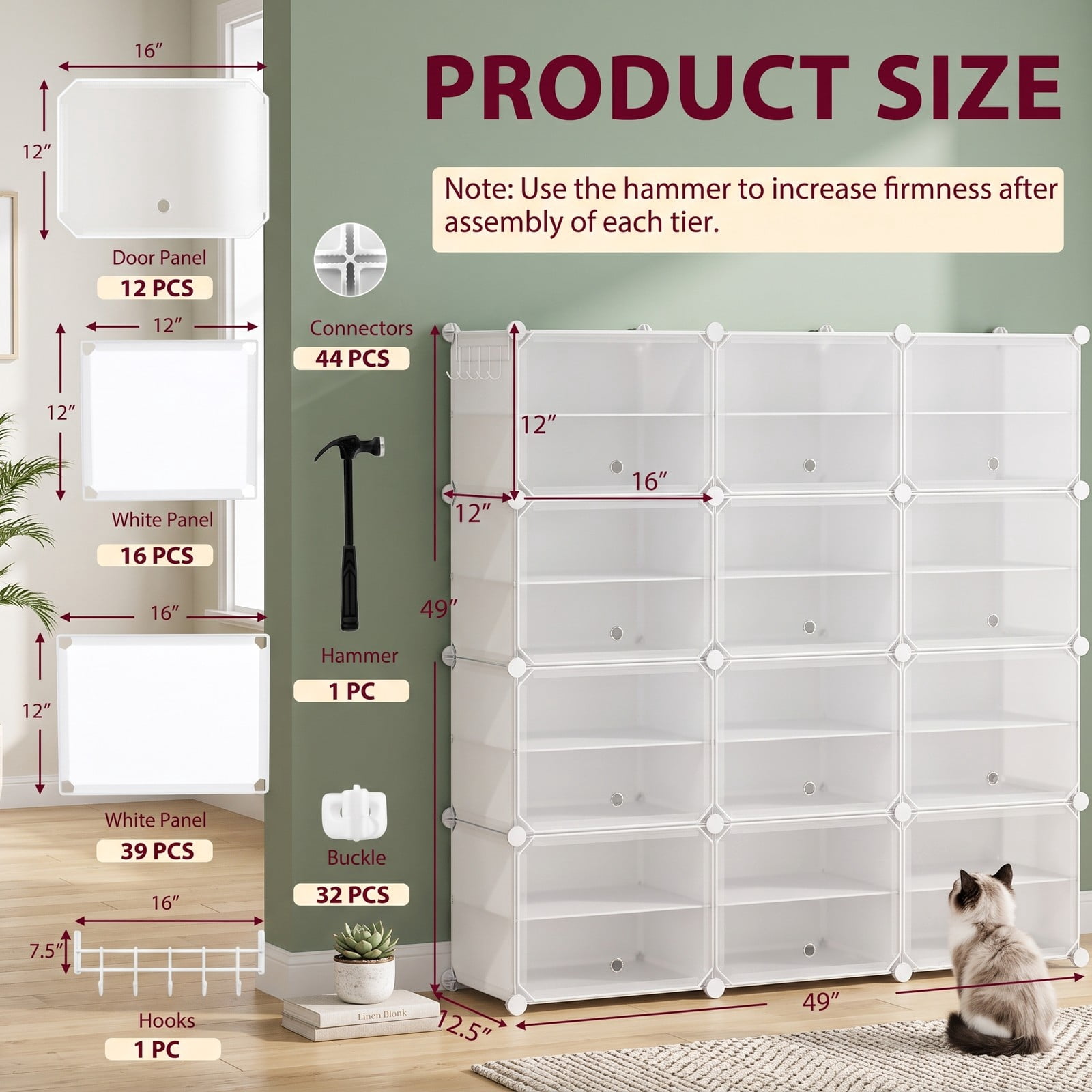 Furnibear 12-Cube Portable Shoe Storage Cabinet with Translucent Doors and 5 Hanging Hooks for Entryway Hallway and Bedroom, White