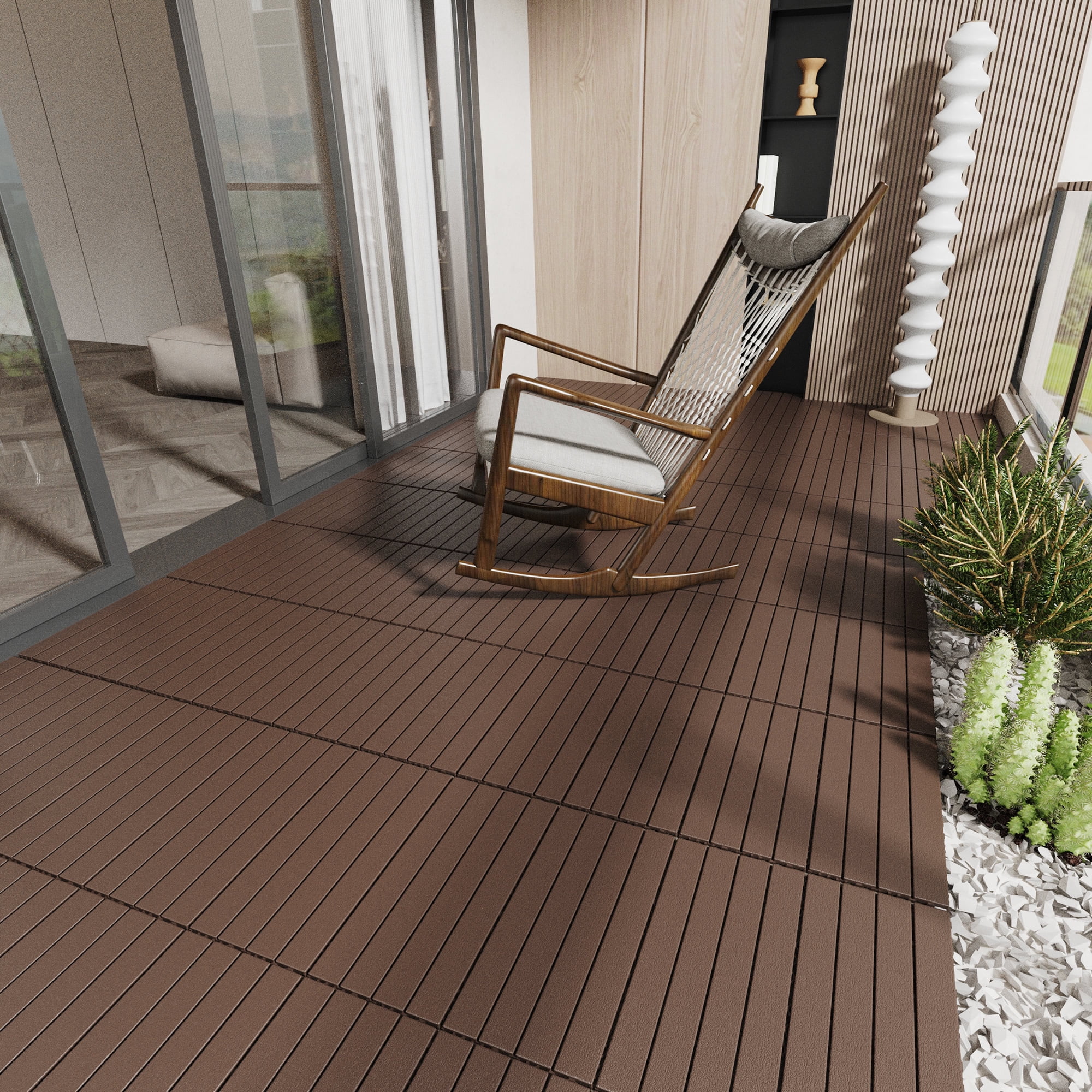 Miniyam 24 Pcs Interlocking Deck Tiles, 2FT, Polypropylene, for Outdoor Balcony Garden, Brown