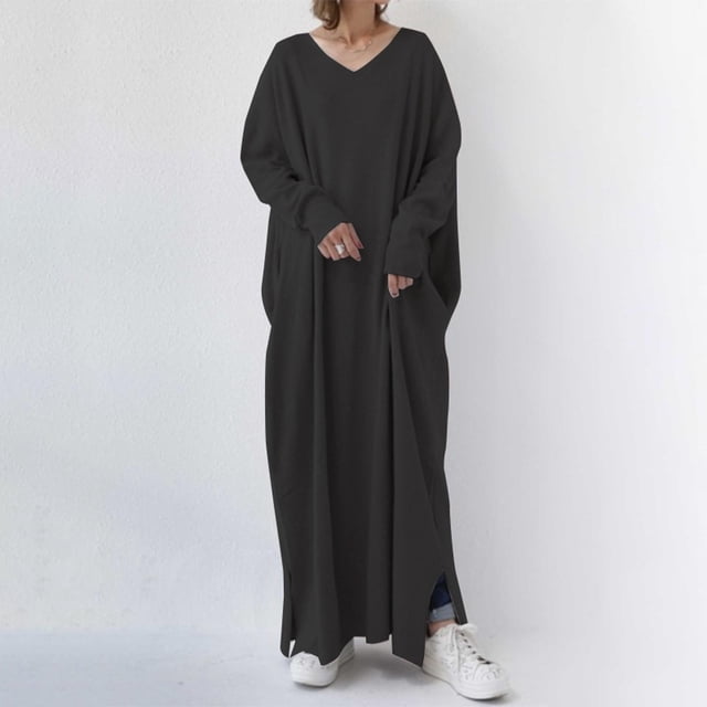 Gspmoly Robes Décontractées pour Femmes, Robe Décontractée Grande Taille pour Femmes Couleur Unie Col en V Manches Longues Hiver Automne Basique Décontractée Maxi Longue Robe Robe Quotidienne de Vacances Robes de Travail pour Femmes Articles en Liquidation