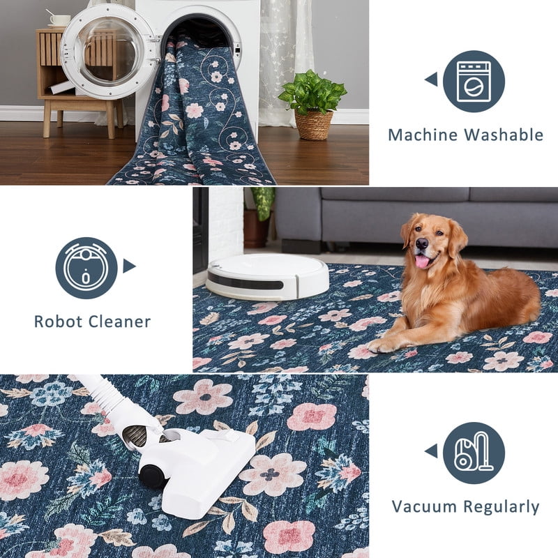 Area Rugs 10'x13' Washable Floral Rugs for Living Room Non Slip Low Pile Carpet for Office Bedroom Kids Room Bedside Black