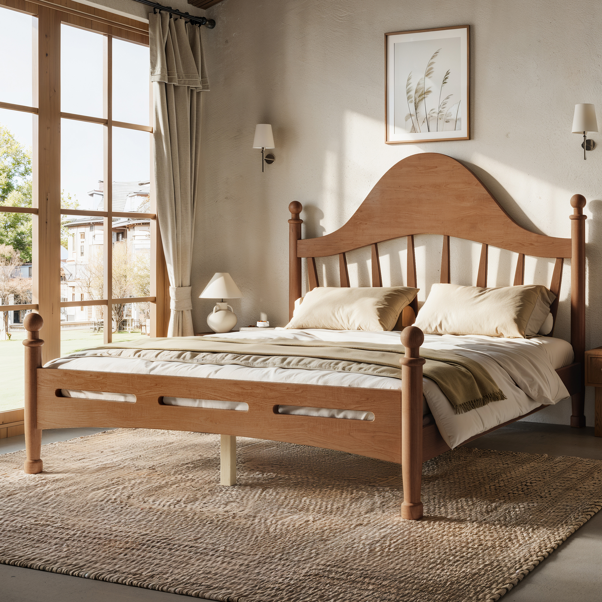Leumius Full Size Platform Bed with Chic Headboard, Solid Wood Bed Frame with Slatted Support, Low to Ground Design for Bedroom Brown