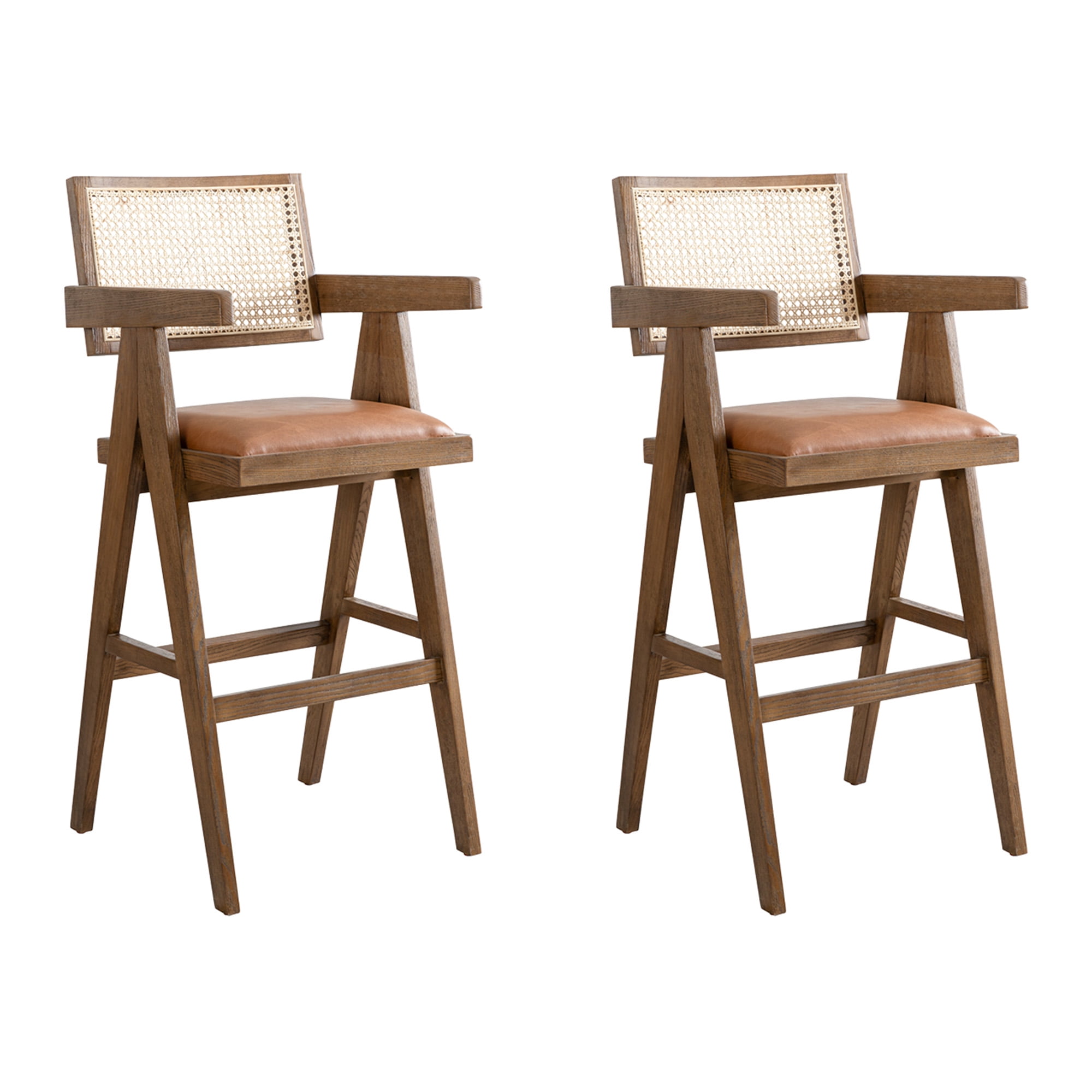 Harley Nutmeg Brown Solid Wood and Rattan Upholstered 30" Bar Height Barstool with Red/Brown Faux Leather Seat - Set of 2