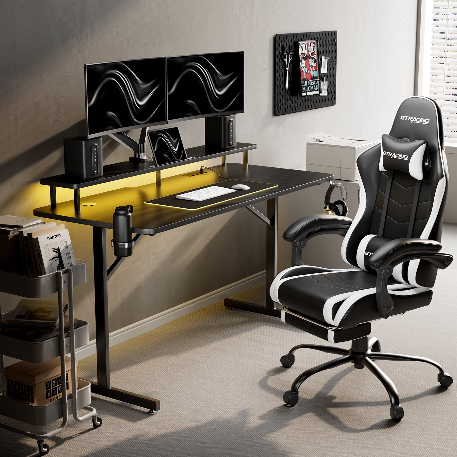 GTRACING Lumina Elite LED Gaming Desk with USB and Power Outlets, for Home and Office, Monitor Stand and Wireless Charging, Black
